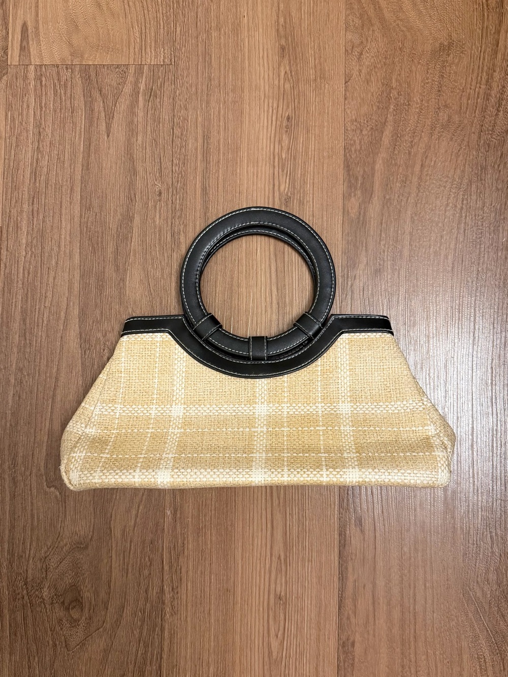 Woven Straw Top-Handle Bag with Black Ring Handles